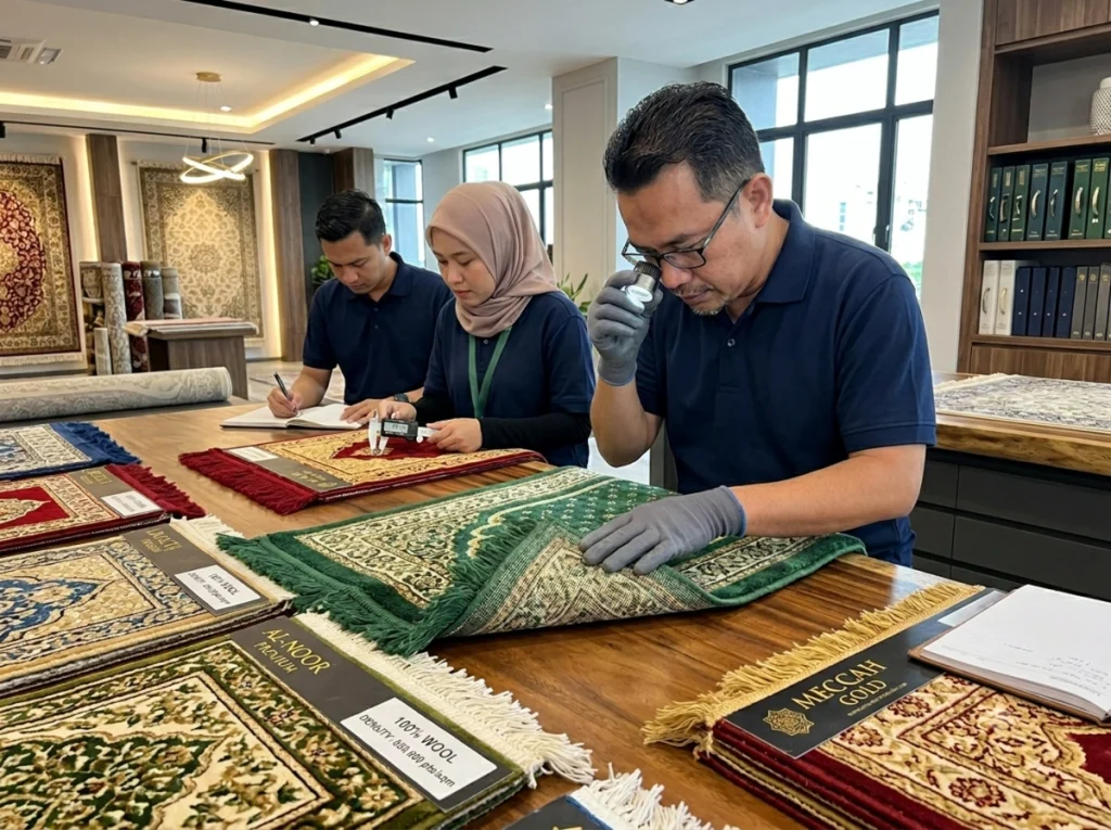 Detail tekstur karpet masjid premium yang menunjukkan kualitas bahan dan tingkat kerapatan serat