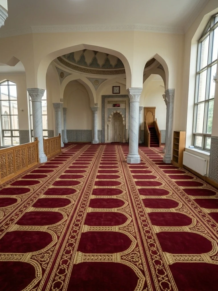 Ruang sholat dengan karpet masjid custom yang menyesuaikan sudut dan dimensi ruangan secara presisi