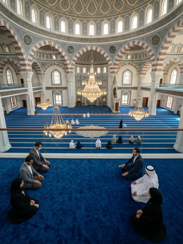 Pemasangan karpet masjid custom di masjid besar dengan saf yang rapi dan desain yang menyesuaikan luas ruangan
