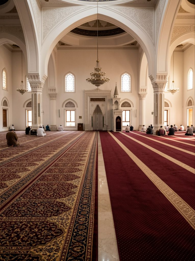 Karpet masjid bermotif tradisional dan minimalis yang menunjukkan perbedaan gaya desain interior masjid