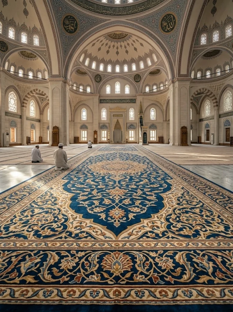 Interior masjid yang terlihat lebih berkelas berkat penggunaan karpet masjid dengan desain dan warna yang serasi