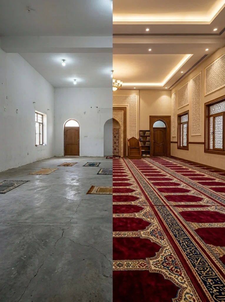 Karpet masjid elegan yang memperindah interior ruang ibadah dengan susunan saf yang rapi dan harmonis