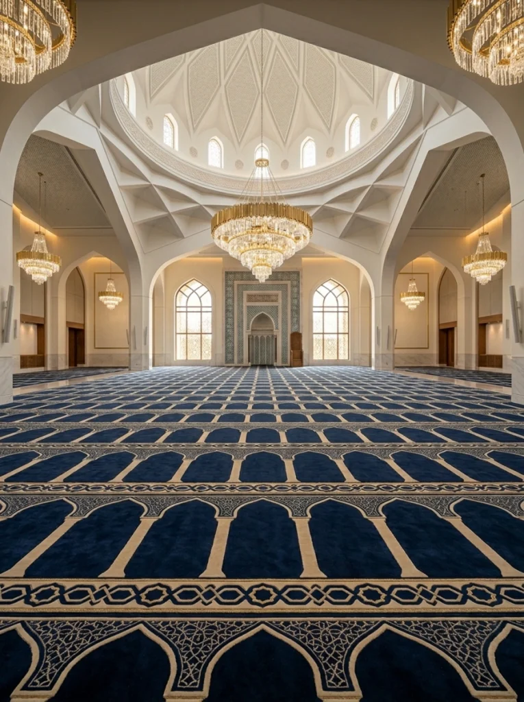 Karpet masjid modern dengan pola geometris dan warna premium yang populer digunakan pada interior masjid terbaru