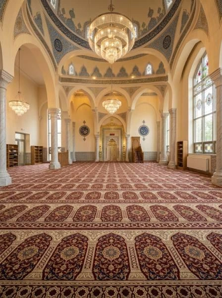 Motif karpet masjid premium dengan pola islami yang menghadirkan kesan eksklusif pada interior masjid