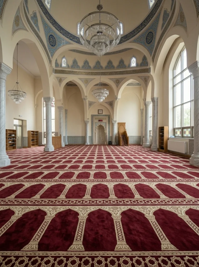 Karpet masjid dengan motif elegan dan detail dekoratif yang mempercantik interior ruang ibadah