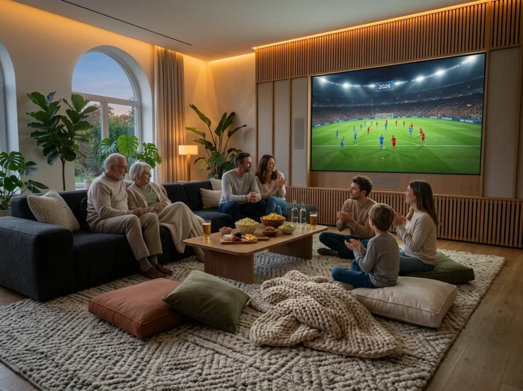 Area nobar Piala Dunia 2026 dengan karpet berkualitas dan penataan ruang yang nyaman untuk keluarga dan komunitas
