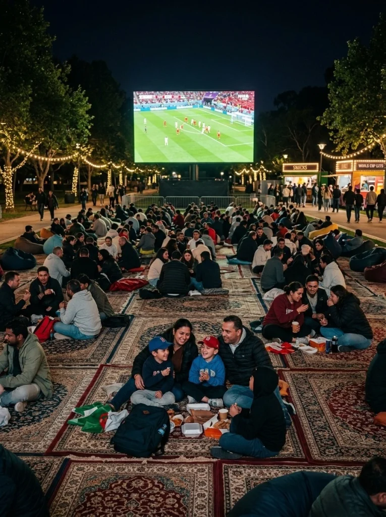 Area nobar Piala Dunia 2026 menggunakan karpet premium yang menciptakan suasana menonton lebih nyaman dan tertata