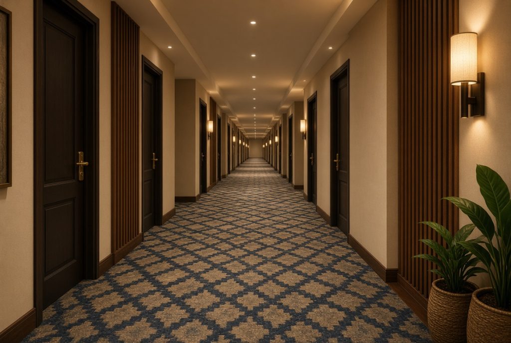 Karpet koridor hotel dengan desain elegan